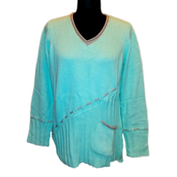 🔴 SALE Pure Knits Light Turquoise V-neck Pullover Sweater - Picture 3 of 11